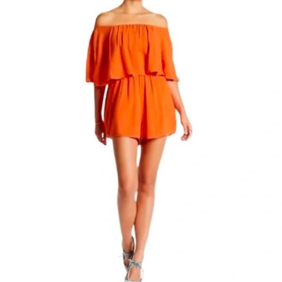 Alice + Olivia Pants - Alice + Olivia Tangerine Off The Shoulder Shorts Romper
